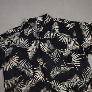 100% Silk Button Down Hawaiian Shirt Men XL Black Green Palm Print Casual Camp